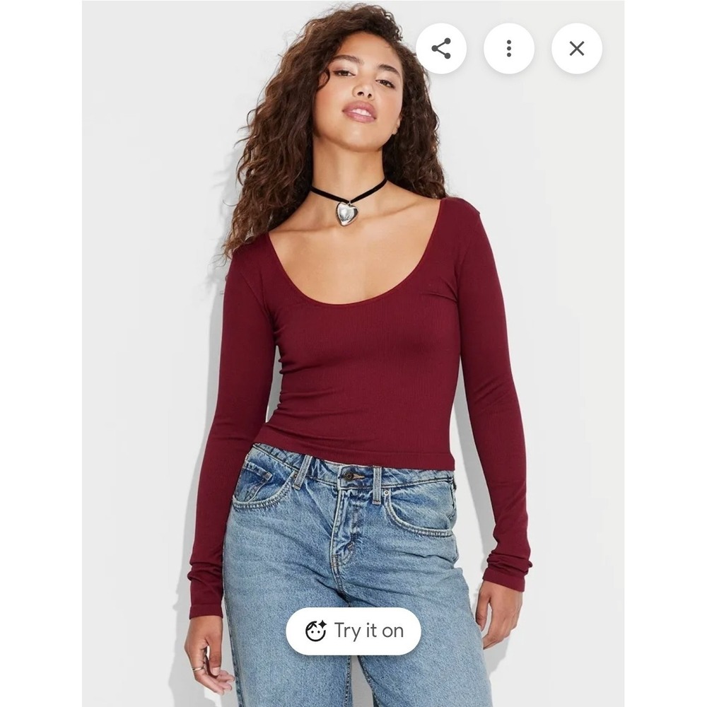 Wild Fable Women's Long Sleeve Seamless Double Scoop Neck Top Xl